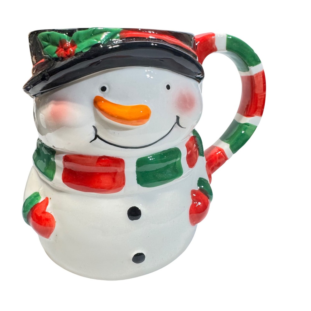 Holly Hill Christmas Snowman Ceramic Coffee Mug Red & Green Striped Scarf Handle